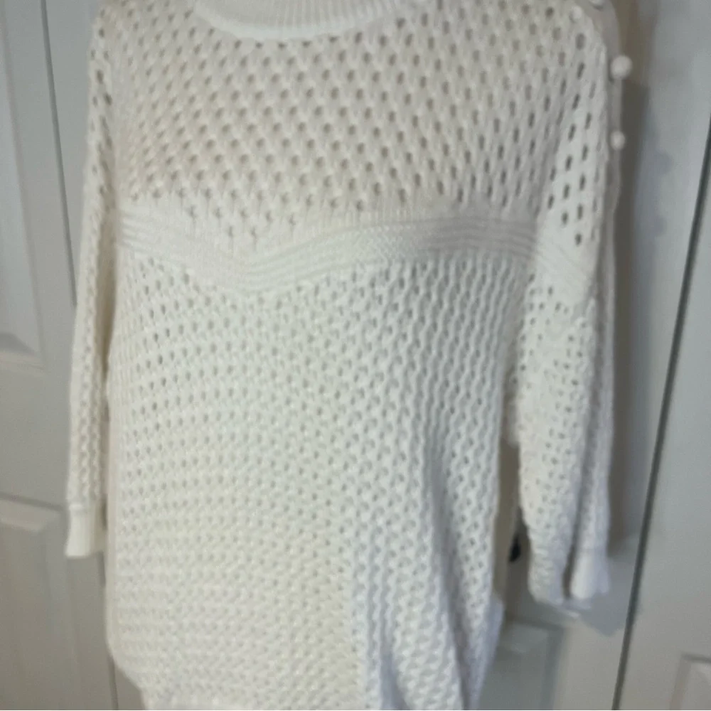 J Crew, White Sweater with Intricate Open-Weave Design and large buttons, Size M